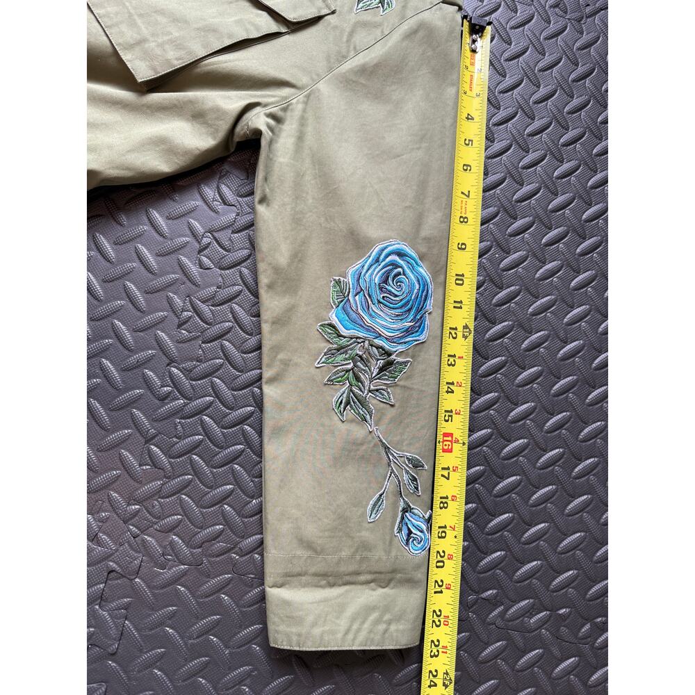 Military Style Statement Coat Embroidered Floral Utility Jacket Olive Green - Picture 10 of 10